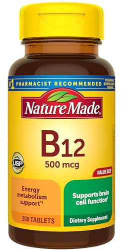 Nature Made Vitamin B12 500 mcg, Dietary Supplement for Energy Metabolism Support, B12 Vitamins 500 mcg, 200 Tablets, 200 Day Supply