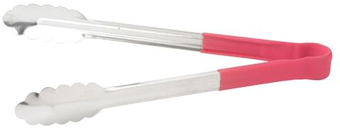 Winco 12 Stainless Steel Serving Tongs with Non-Slip Handle, Red