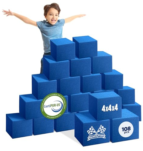 RaceCityFoam Pit Cubes/Blocks 108 pcs. (Blue) 4 x4 x4 Flame Retardant Pit Foam Blocks for Skateboard Parks, Gymnastics Companies, Trampoline Arenas, CertiPUR-US Certified, Made in USA