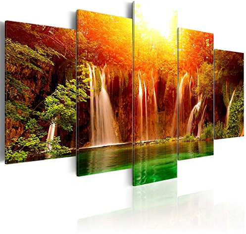 decomonkey Bilder Wasserfall 100x50 cm 5 Teilig Leinwandbilder Bild auf Leinwand Wandbild Kunstdruck Wanddeko Wand Wohnzimmer Wanddekoration Deko Natur Landschaft Wald