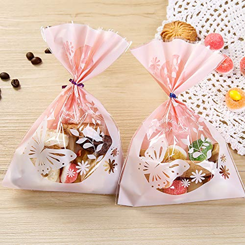 100pcs Lovely Butterfly Pink Candy Bags DIY Plastic Bag with Gold Metallic Twist Ties for Cookie Bakery Decorating Bags Biscuit Roasting Treat Gift