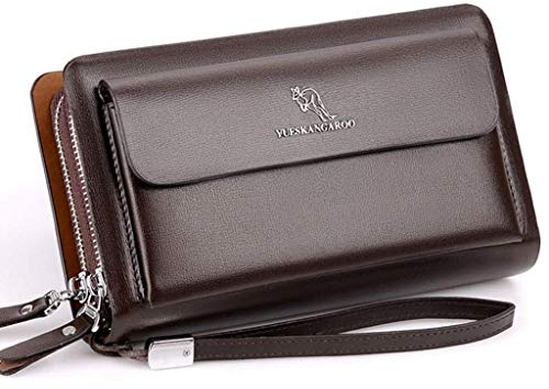 Pochette Uomo Pelle da Polso Portafoglio Borsello a Mano Affari Viaggio Borsa da Polso con Zip Handbag Cellulare Contanti Portatile Ideal per Ufficio/Business/Casual/Appuntamenti,Brown
