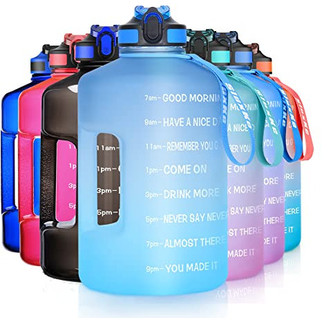 SLUXKE Gallon Water Bottle with Time Marker BPA Free, 128oz Huge Sports Water Bottle with Handle and Straw Leak Proof, One Click Open Big Water Jug Blue Blue