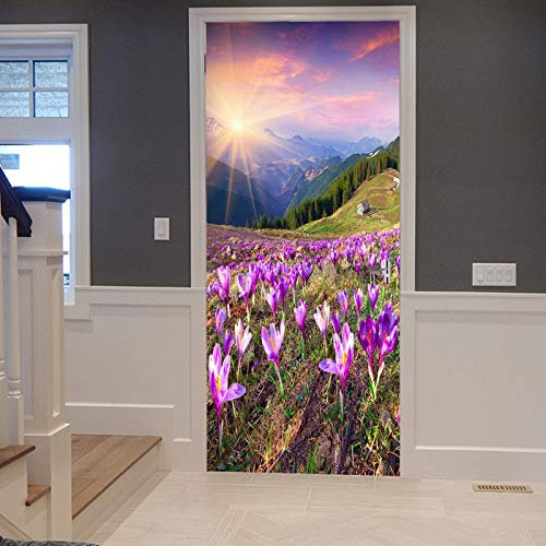 A.Monamour Türtapete Selbstklebend Türfolie Türposter 3D Blüte Der Krokusse Gebirgen Berg Bunte Sonnenuntergangs Landschaft Vinyl Folie Türdeko Tapete Wandbild Türaufkleber Türtattoo 77 x 200 cm
