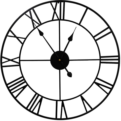 TrendMakers Large Wall Clocks for Living Room – Elegant Black Metal Skeleton Clock with Roman Numerals, Quiet Quartz Movement – Decorative Wall Clock for Indoor & Outdoor Use (78cm)