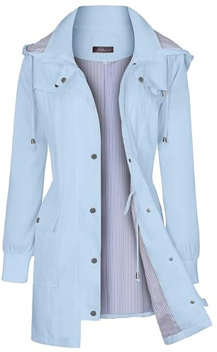Bloggerlove Raincoat for Women Rain Jacket Waterproof Rain Coat Detachable Hood Trench Coats Lined Windbreaker Travel Jacket Light Blue S