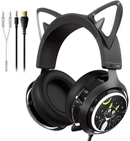 Somic GS510 Cat-Headset, 3,5-mm-Kopfhörer mit Kabel und einziehbarem Mikrofon-Geräuschunterdrückung, für Xbox One, PS5, PS4, PC, Schwarz
