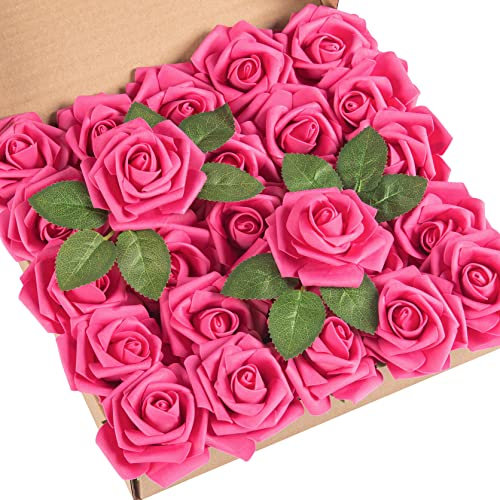 DuHouse Künstliche Rosen Blumen Fake Schaumstoff Rosen Köpfe mit Stiel Künstliche Blumen Rose für Hochzeit Home Party Baby Dusche Valentinstag Deko(25 Stück,rosa Caldo)