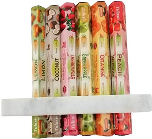 Gemischtes Räucherstäbchen Natürliche Früchte - Aromatherapie - 6x20 Stück + Räucherstäbchenhalter aus Weißem Marmor 26x3.5 cm - Robust und Elegant