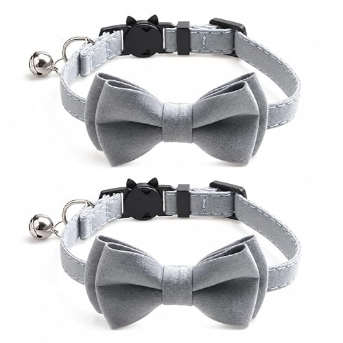 Luxuriöses Katzenhalsband mit Fliege und Glöckchen, sichere Schnellverschluss-Schnalle, ZACAL Katzenhalsbänder (Grau)