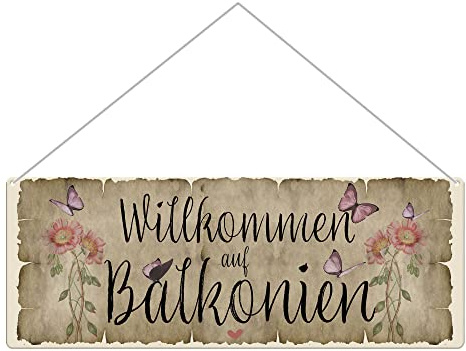 Metallschild für den Balkon - Willkommen auf Balkonien - Geschenk für Freundinnen, Outdoorschild aus Aluminium | Wetterfest, Matt, 24x9 cm