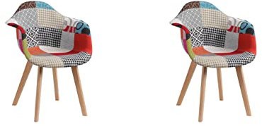 HJhomeheart Juego de 2 Sillas de Comedor de Tela Patchwork con Reposabrazos, Sillón de Diseño Moderno, Silla de Cocina de Madera de Haya Escandinava (Rojo)