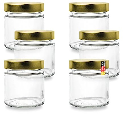 flaschenbauer.de-6er Set Mini Marmeladengläser 212ml-Konservengläser für Marmelade, Konfitüre, Gelee, Gewürze, Honig, mit Goldenen Deckeln, Deep Twist-Off-Mündung 66mm, Luftdicht, Spülmaschinenfest