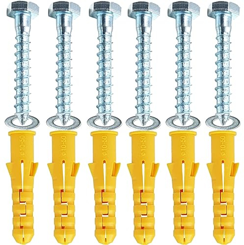M10x50mm Heavy Duty Masonry Brick Wall Fixing plug + Coach Bolt Screw Zinc Plated and Washer,Strong Nylon Wall Plug Steel Bolt KIt for Tv Bracket Aerial Mast Sky Dishes Shelves Mounting (6)