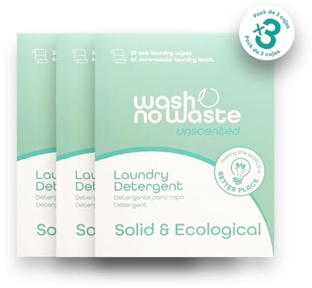 Wash no Waste - PACK 3. Tiras de Detergente para lavadora (192 lavados). Hipoalergénico y Biodegradable. Efecto suavizante. Gran poder de limpieza. Vegano y Cruelty Free. Plastic free. (Sin fragancia)