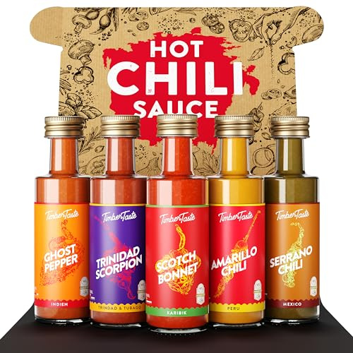 TIMBER TASTE® Scharfe Saucen Geschenkset Welt - 5 Hot Sauce Trinidad Scorpion Scotch Bonnet Serrano Amarillo Ghost Pepper | Schärfste Soße Welt Männergeschenke Feinkost - Geschenke für Männer