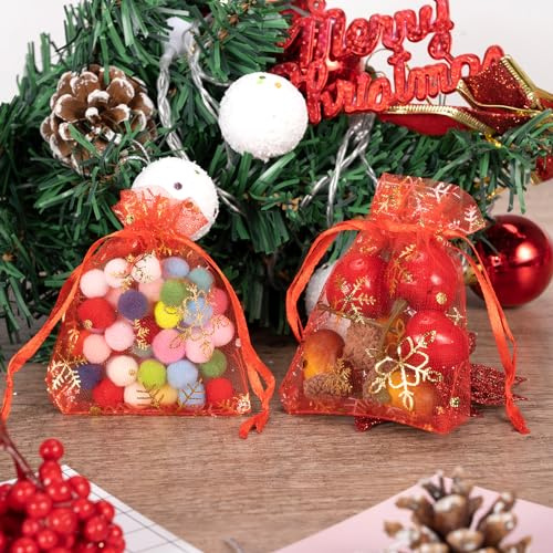 Presentpåsar 100 stycken organza-påsar röd 10 x 15 cm till jul – liten presentpåse med dragsko och snöflinga
