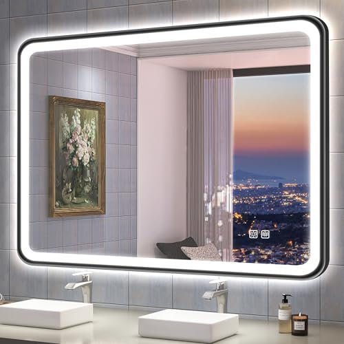 S'bagno Badspiegel mit Beleuchtung 100x70 cm, Badezimmerspiegel mit Beleuchtung mit Aluminiumrahmen, Nebelfrei, 3000-6500K, Memory-Funktion, IP44 Bad Spiegel mit Licht, Horizontal/Vertikal, Schwarz