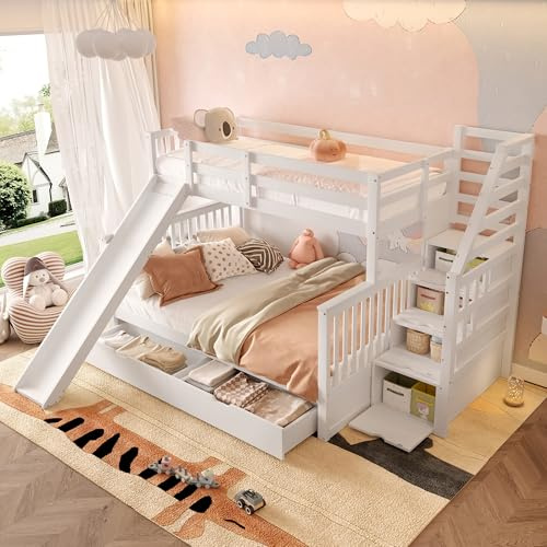 Soweiz Kinderbett, Etagenbett, 90x200cm über 140 x 200cm Etagenbett mit Schubladen, Multifunktional, Stauraum und Rutsche (weiß)