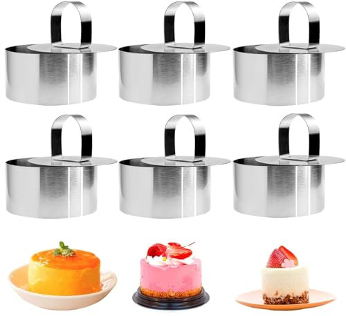 Bakiauli 6 Stück Edelstahl Runde Mousse-Ring-Set, Dessertringe, Kleine Tortenringe mit Presse Heber für Desserts, Kuchen, DIY (Durchmesser 8 cm)