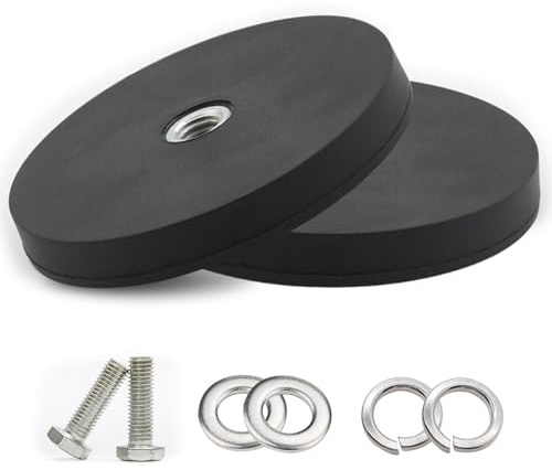 2 imanes de neodimio engomados, diámetro de 66 mm, capacidad de carga de 30 kg | Imán plano con agujero de tornillo plano M6, imanes redondos de goma para barras de luz, tornillos, ojal o gancho