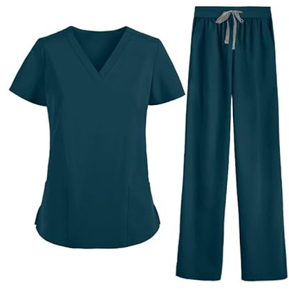 MEDSKIN Essential Set di Divise Mediche da Donna - Casacca Leggera con Scollo a V e Pantaloni con Fascia Elastica in Vita Stile Yoga, Blu caraibico, S