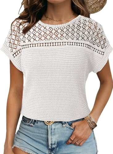 Dokotoo Womens Tops Summer Waffle Knit Oversized Shirt Henley Short Sleeve Tunic Tops Casual School Outfits for Teachers Loose Blouses Solid Color Tee T Shirts for Women 2026 Fashion White L