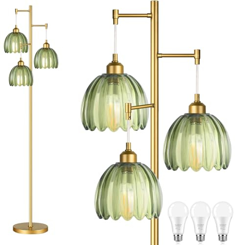 QIYIZM Gold Floor Lamp for Living Room,Bedroom,Mid Century Modern Standing Lamp Brass Tree 3 Light Tall Floor Lamps Vintage Retro Floor Lights Glass Green Flower Lamp Shade Farmhouse Boho Bohemian