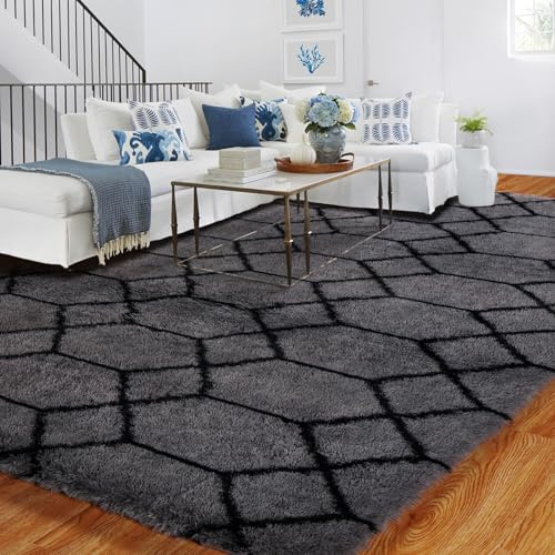 BYBSRLL Grand tapis géométrique pour chambre à coucher, salon, chambre d'enfant, dortoir, tapis de sol antidérapant, gris et noir, 150 x 210 cm