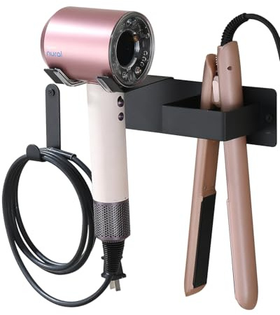 UEMUSI Fönhalter Ohne Bohren, Föhn Halterung für Haartrockner und Glätteisen, Edelstahl Fönhalter Wand Ohne Bohren, Föhn und Glätteisen Halterung Bohren für Bad Barbershop Hotel Schwarz