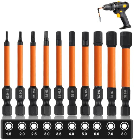 Hex Allen Key Drill Bit Set: 10 Pcs Impact Screwdriver Driver Bit Alan Keys Sets - S2 Steel 50mm Length Magnetic Allen Wrench Drills Bits Set H1.5-H8