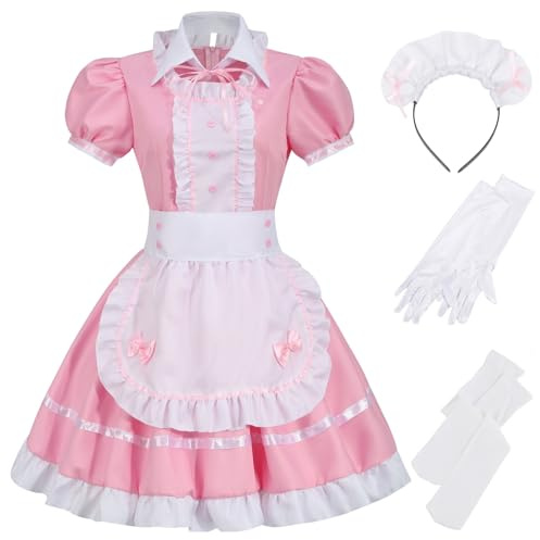 maxToonrain Tjänsteflickdräktstillbehör, dam, tjusigt klänning, anime, halloween, cosplay, fest, söt, lolita, franskt förkläde+kattöron tjänsteflickoutfit set för kvinnor flickor (klassisk rosa 6 st