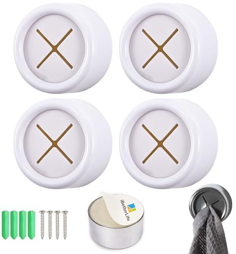iBetterLife Adhesive Kitchen Towel Hooks - 4 Pack Dish Towel Holder for Cabinet, Push Hand Towel Hook, Dish Cloth Rag Holder for Home Bathrooms, Kitchens, Garages, RV, Within Easy Reach, Matte White