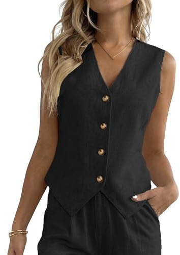 Fakanhui Linneväst för kvinnor V-ringad Button Down Affärsarbete Semester Ärmlös Blazer Väst Jacka, Svart, XXL