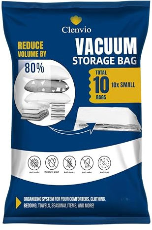 Clenvio Vacuum Storage Bags 10 Combo, (10 Small) Space Saver Bags without Travel Hand Pump, Compression Airtight Sealer Bags for Clothes, Bedding, Pillows, Comforters, Blankets