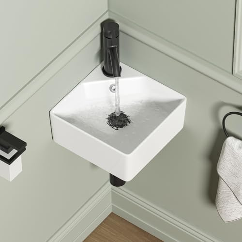 Wall Mount Corner Bathroom Sink, QISHKA 12 X 12 Square Floating Ceramic Wash Hand Basin Small White Wall Mount Vanity Sink with Single Faucet Hole and Overflow