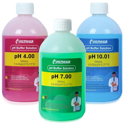 UIUZMAR Solution de Calibration pH 4,00 7,00 et pH 10,01, Solution Liquide pH 4,00 7,00 et pH 10,01 de 500 ml avec Mesurette de 30 ml, Solution Tampon pH 4 7 10 pour pHmètre, Mesures de pH