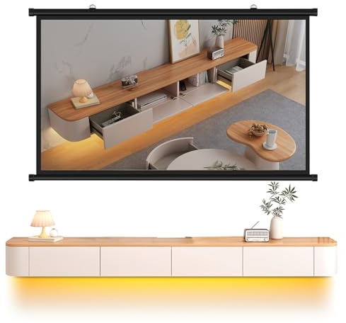 HYANXUE Meuble TV flottant en bois massif brillant - Étagères flottantes avec porte - Console multimédia de divertissement moderne - Grand espace de rangement - Meuble TV (bois + LED, 140 cm)