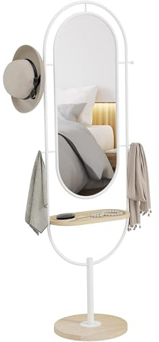 HOMCOM Espejo de Cuerpo Entero 175,5x50 cm con Bandeja de Madera y 4 Ganchos Espejo de Pie con Marco de Metal para Dormitorio Salón Blanco