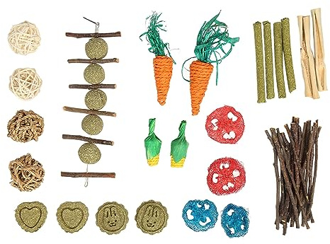 YIZISECCE Giocattoli da masticare per criceti, per piccoli animali domestici, set da 20 pezzi assortiti da masticare, tronchi di luffa, palla di rattan, torta di erba, ramo, bambù dolce, sicuro per