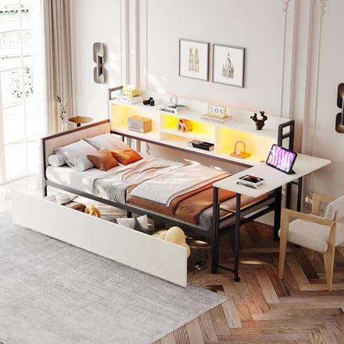 Gxffipw Tagesbett Schlafsofa 90x200 cm mit LED und Steckdosen, Einzelbett Jugendbett mit Staufächern und Schubladen, Metallbett Bettgestell mit Klappbarer Schreibtisch, Weiß, Ohne Matratze
