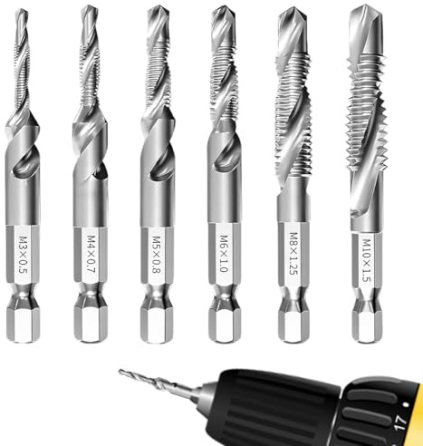 Set di 6 punte combinate e filettatrici M3 M4 M5 M6 M8 M10, filettatura a cambio rapido con rivestimento antiruggine, per verricello combinato con attacco esagonale, per metallo, legno, plastica