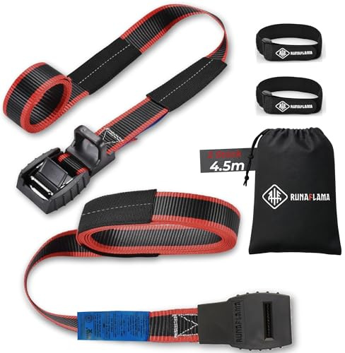 RUNAFLAMA - Cinchas de Amarre Largas con Protección - Eslingas de Amarre para Remolque Moto, Portamotos - Trinchas de Sujeción Surf, Kayak - Resistencia de rotura 500 kgf por Cinta - 2 Correas de 4,5m
