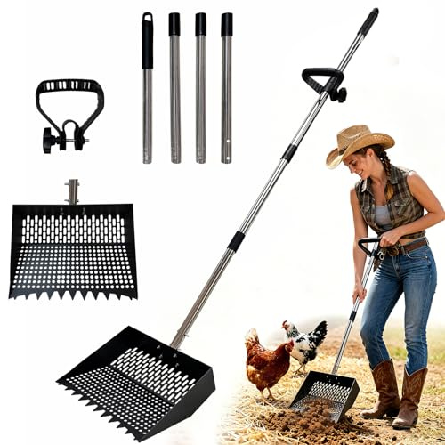 Laaorr Chicken Poop Scooper 2-in-1 Large Metal Chicken Coop Rake and Scoop with Adjustable Handle Multifunctional Sifting Shovel for Farm, Animal Litter, Beach, Sand, Snow