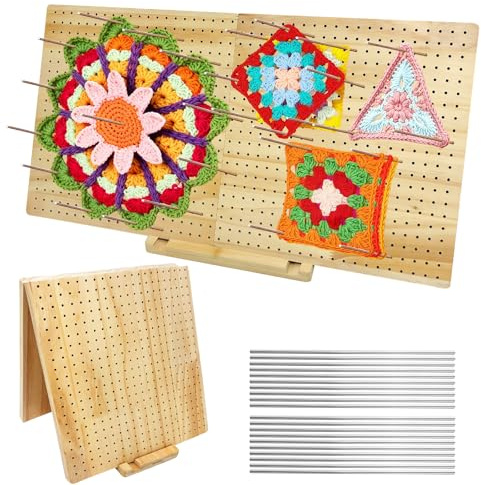 Planche de Blocage Crochet Grande, Bloqueur Granny Square avec 20 Broches Acier Inox, 58x29 cm Pliable Planch Blocag en Bois, Accessoires de Crochet Tricot