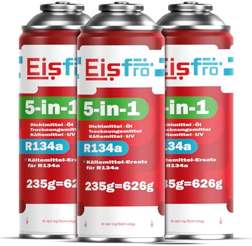 Eisfro 5 en 1 – 3 x refrigerante sustituto R134a, 235 g por Caja, para Aire Acondicionado de Coche, con Aceite, sellador de Fugas, trazador UV y deshidratante – Protege el compresor