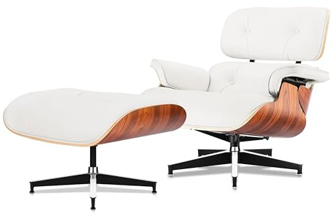 Birchwerkhaus Echtleder-Entspannungssessel mit Fußhocker, moderner Fernsehsessel, drehbarer Chaiselongue mit Ottomane, Fester Neigungswinkel von 105°, einzigartiges Design mit gepolstertem Kissen