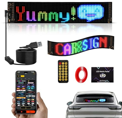 Programmierbare LED Matrix Anzeige 59,3x12 cm – Flexibles LED Schild mit Teufelsaugen für Auto und LKW Heckscheibe – IP65 Wasserdichtes LED Display – App & Fernbedienung für LED Laufschrift, Grafik