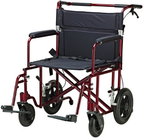 Drive Medical Bariatric Transport Chair FoldingOutdoorFull Length Arms with 12 Inches Rear Flat Free Wheels, Red, 22 Inches