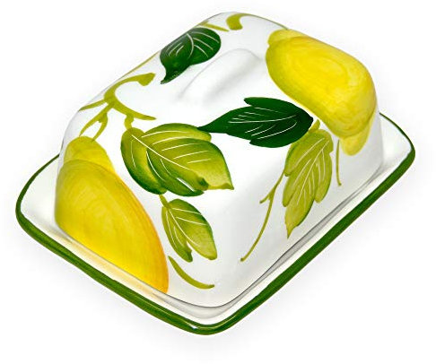 Handgemachte pequeños Mantequillera de cerámica bemalter Italiano en Limón Diseño, Mantequilla Campana tamaño: aprox. 12 x 9 cm